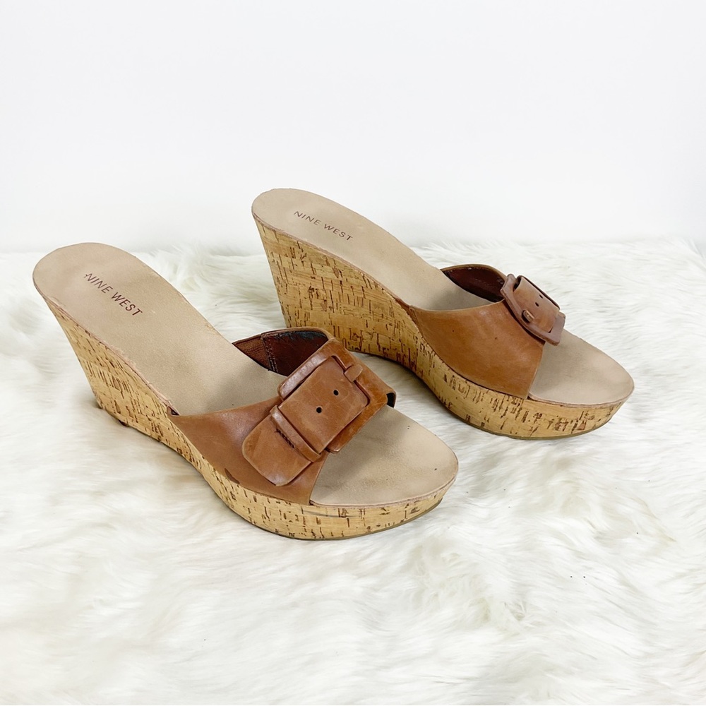Nine West Buckle Cork Wedge Sandals Brown size 9.5